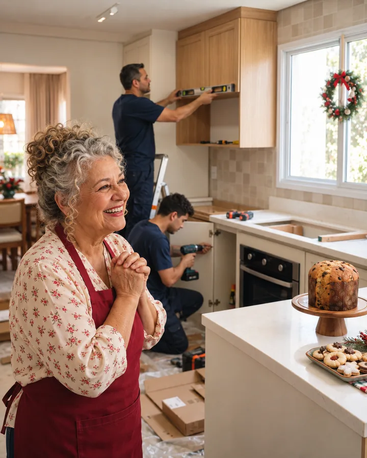 Dona Flor acompanhando a montagem da cozinha nova